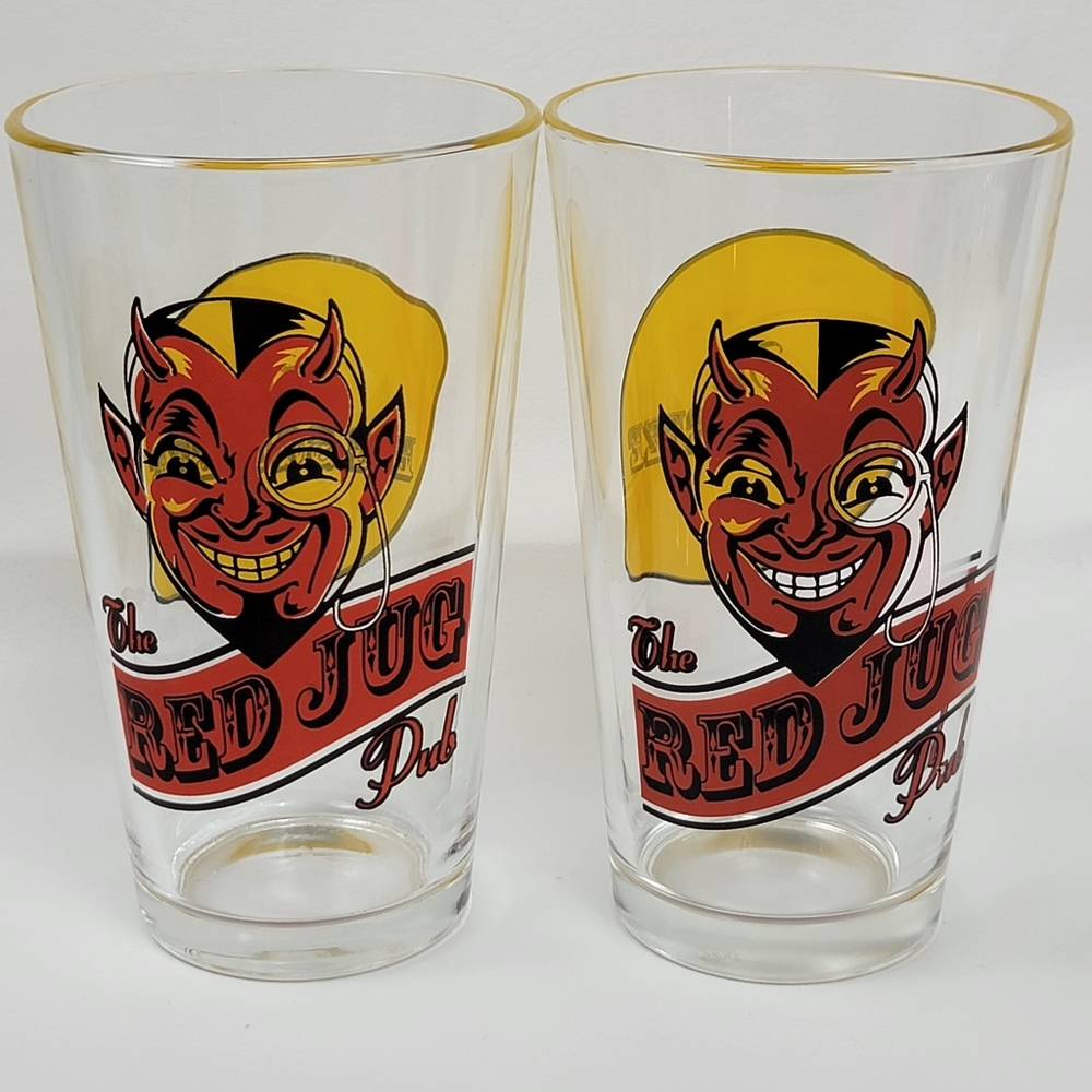 The Red Jug Pub "Big Squeeze" Beer Glasses Pilsner Red Devil Logo Set Of Two